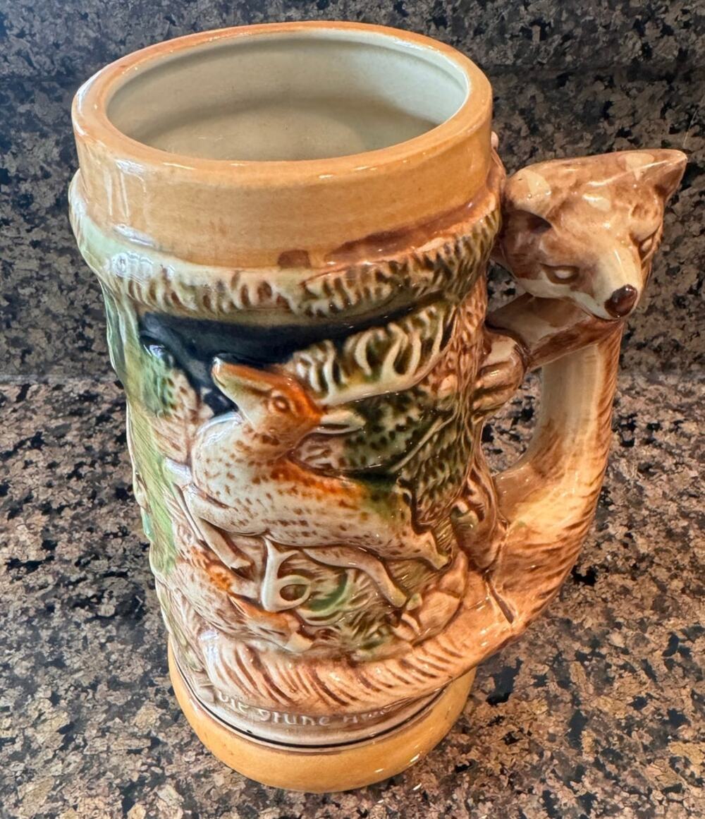 Vtg Fox Handle Made in Japan Hand Painted Ceramic Tall Beer Stein Mug